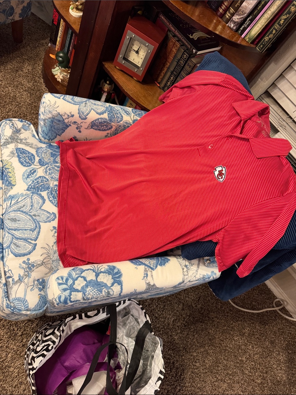 Kansas City Chiefs Men's Red Striped Polo with Embroidered Logo Size Large